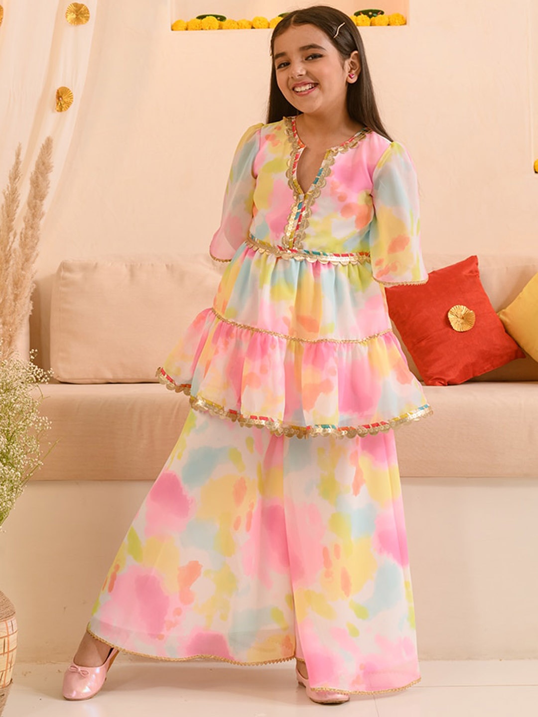

pspeaches Girls Abstract Printed Sequinned Regular A-Line Kurta & Sharara, Pink