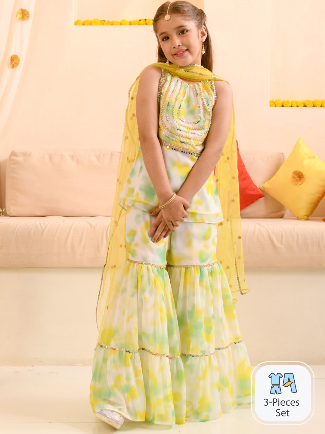 

pspeaches Girls Abstract Printed Sequinned Regular A-Line Kurta & Sharara With Dupatta, White