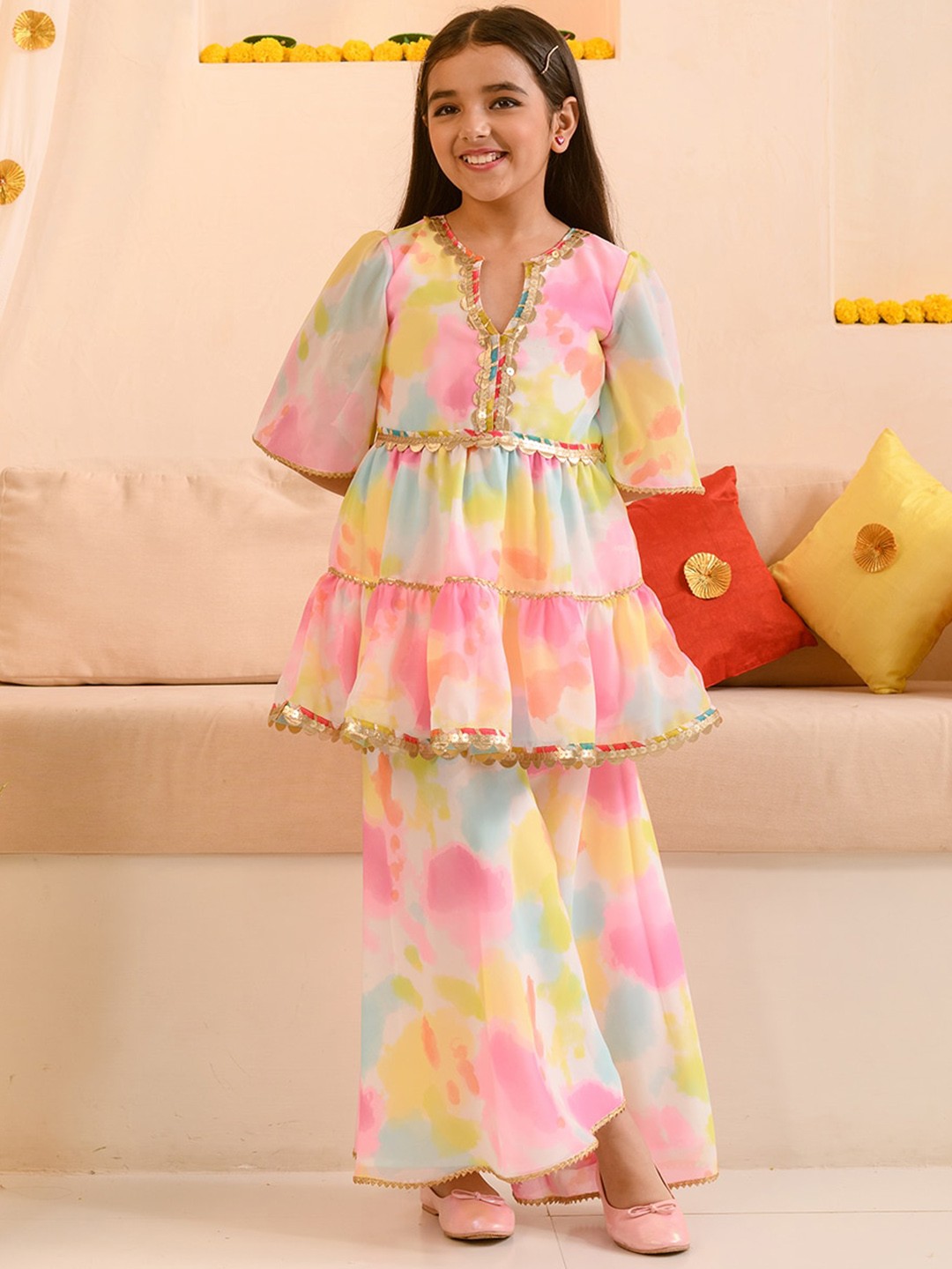 

pspeaches Girls Dyed Layered Gotta Patti Georgette Kurta with Sharara, Blue