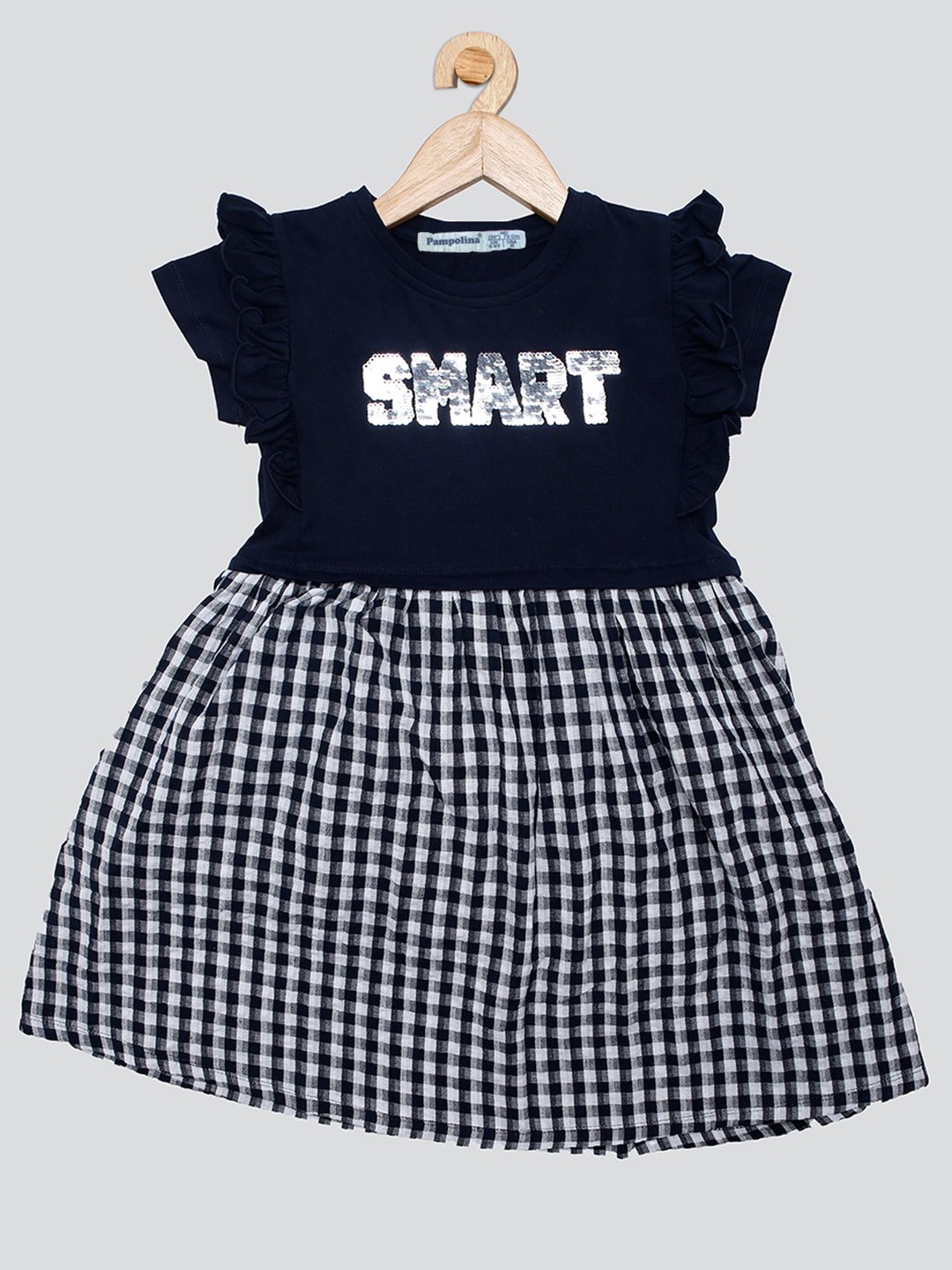 

PAMPOLINA Girls Typography Printed Flutter Sleeves Cotton Fit & Flare Dress, Navy blue