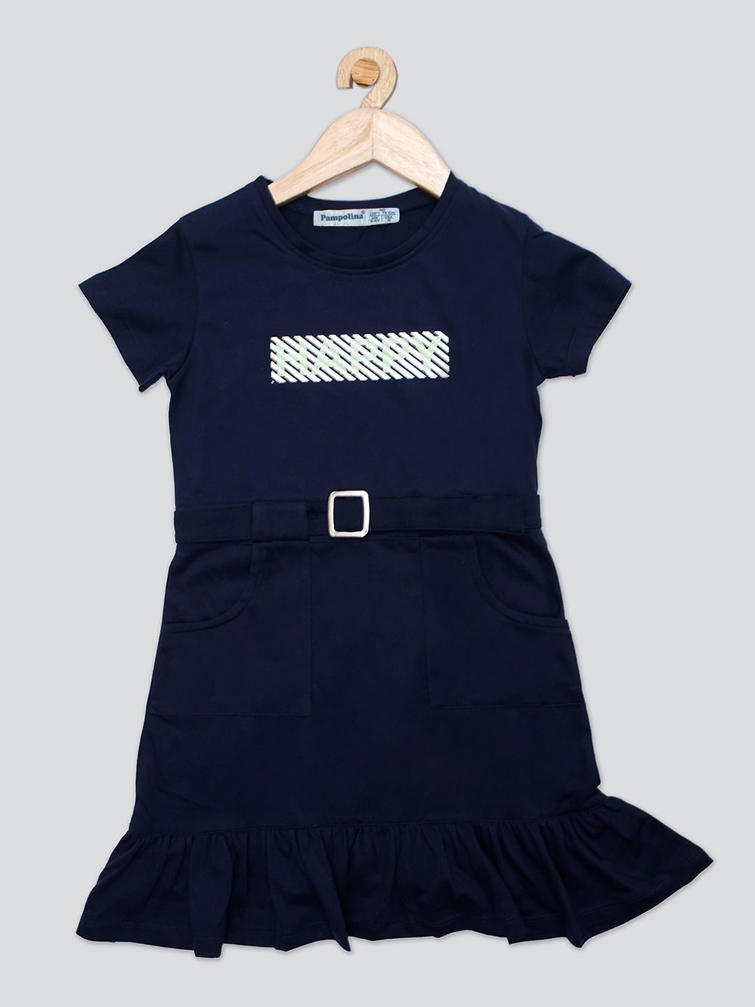 

PAMPOLINA Girls Typography Printed Cotton A-Line Dress, Navy blue