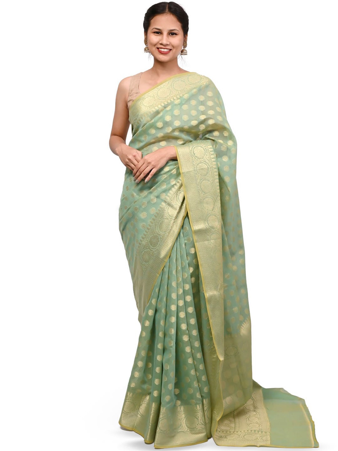 

Meena Bazaar Ethnic Motifs Woven Design Zari Saree, Green