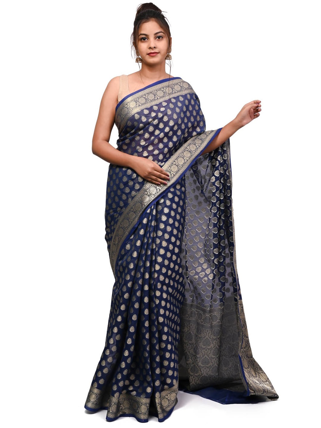 

Meena Bazaar Ethnic Motifs Woven Design Zari Saree, Navy blue