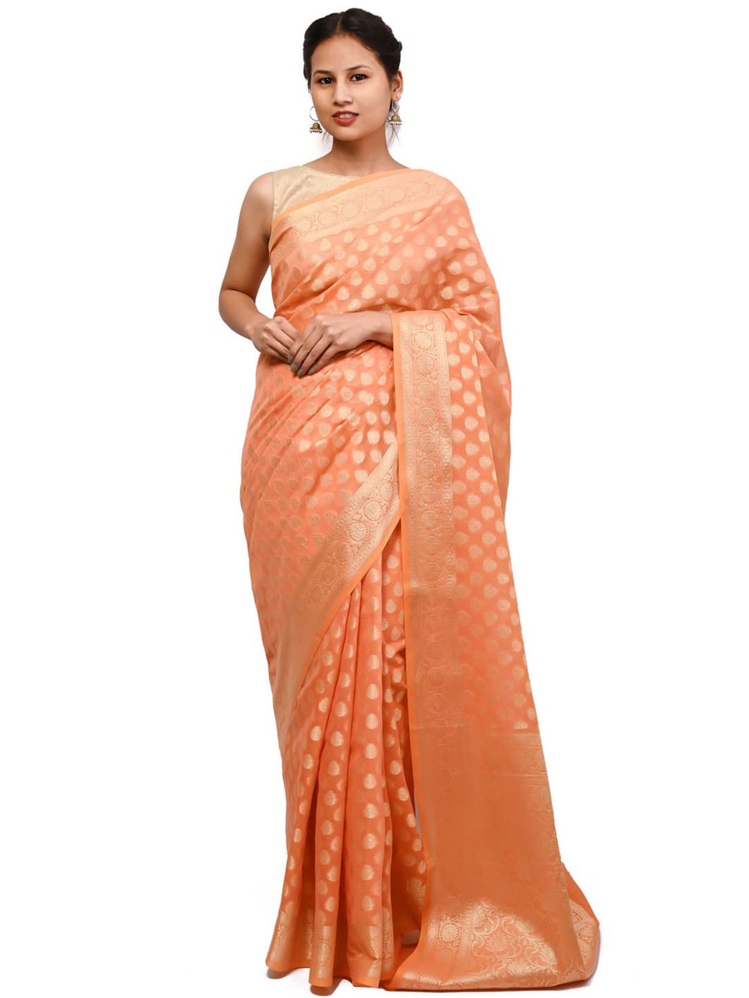 

Meena Bazaar Ethnic Motifs Woven Design Zari Saree, Coral