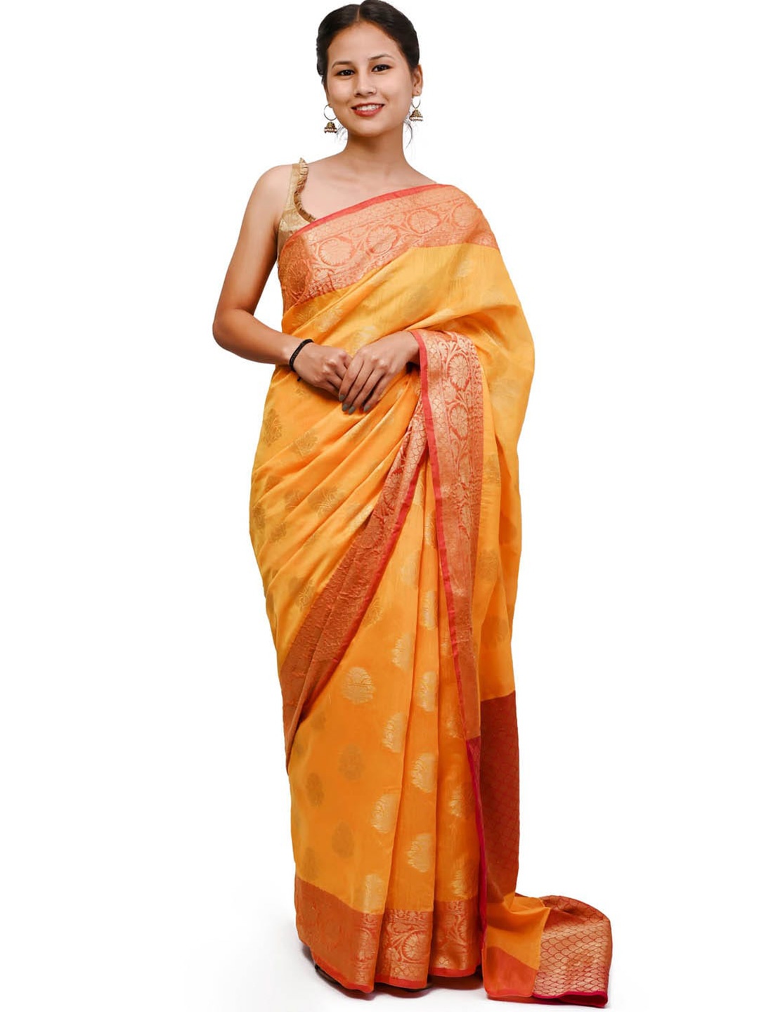 

Meena Bazaar Ethnic Motifs Woven Design Zari Saree, Mustard