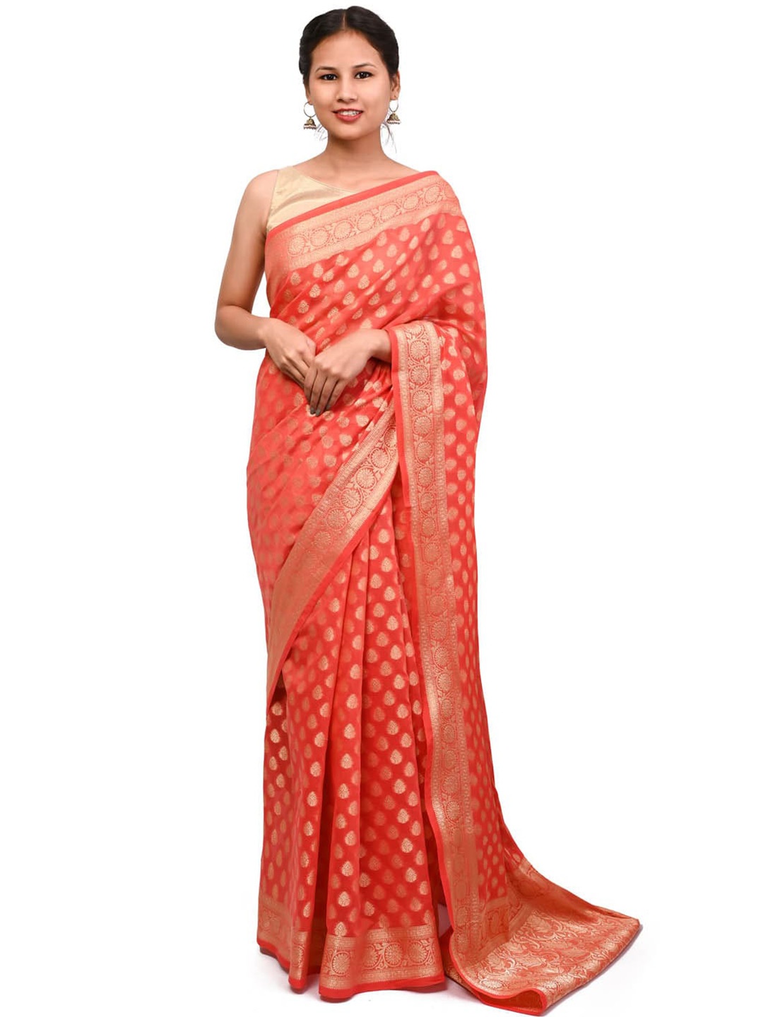 

Meena Bazaar Ethnic Motifs Woven Design Zari Saree, Red