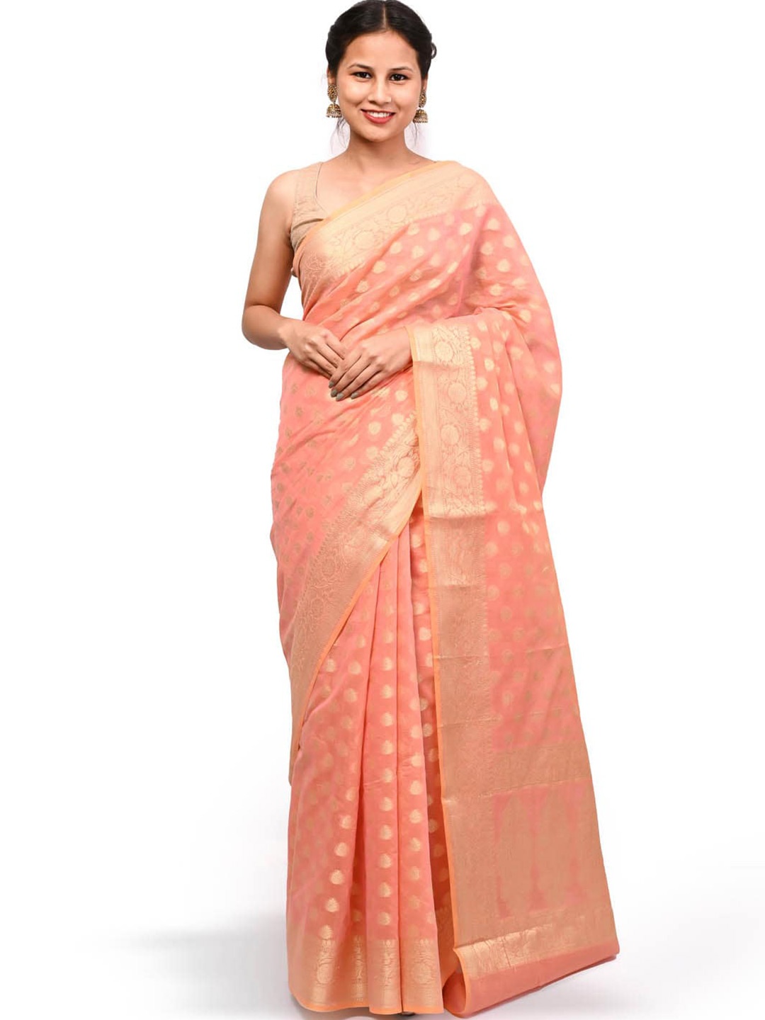 

Meena Bazaar Ethnic Motifs Woven Design Zari Saree, Peach