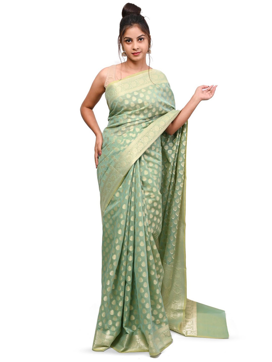 

Meena Bazaar Ethnic Motifs Woven Design Zari Saree, Green
