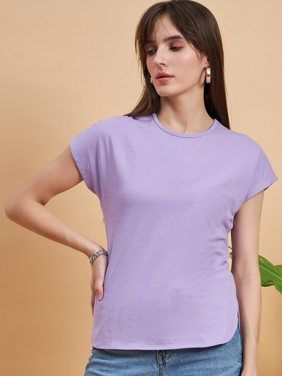 

MINT STREET Round Neck Extended Sleeves Pure Cotton T-shirt, Lavender