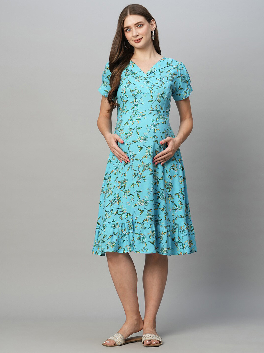 

MomToBe Floral Printed Puff Sleeves Maternity A-Line Dress, Blue