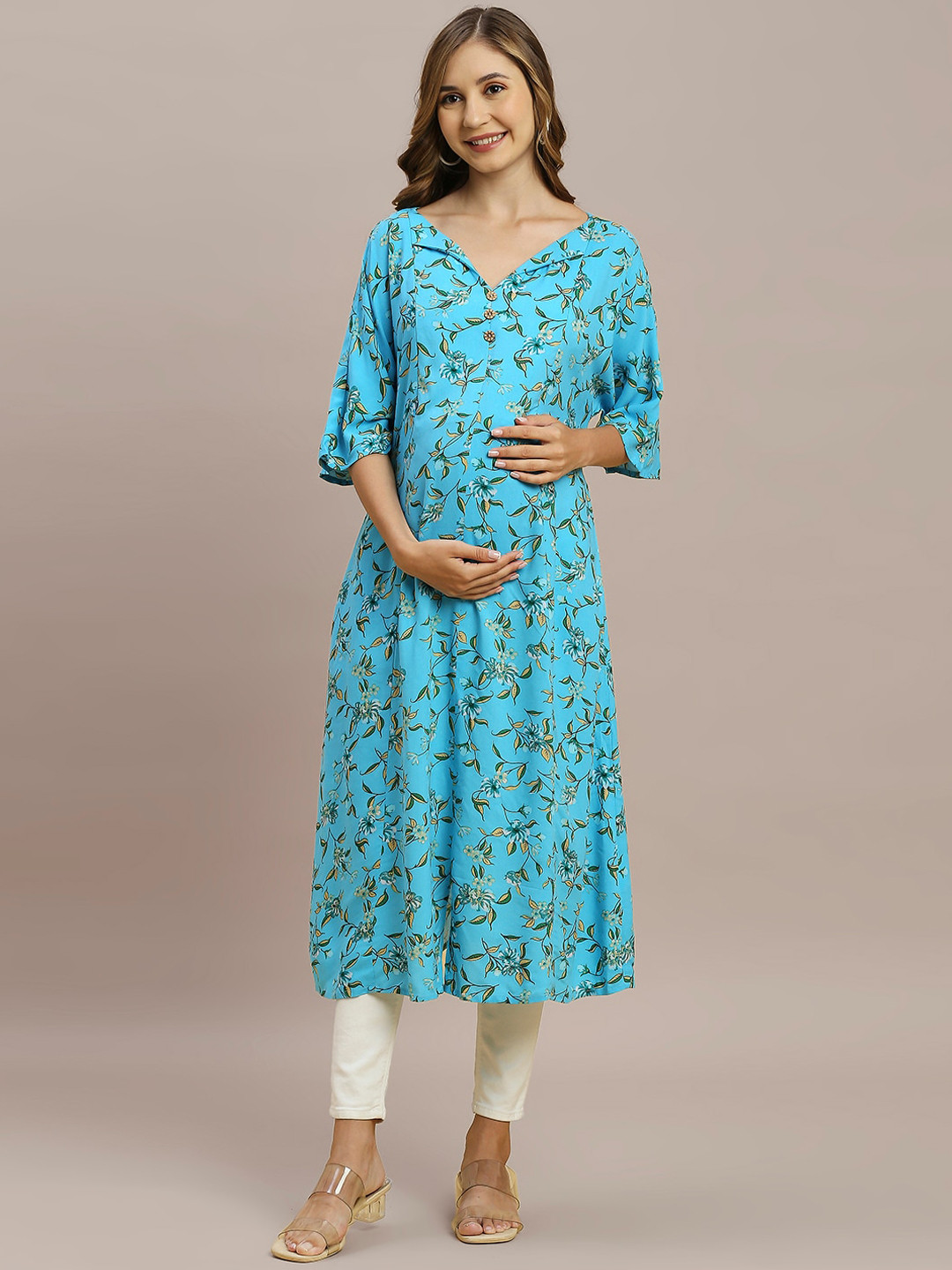 

MomToBe Floral Printed V-Neck Panelled Maternity Kurta, Blue