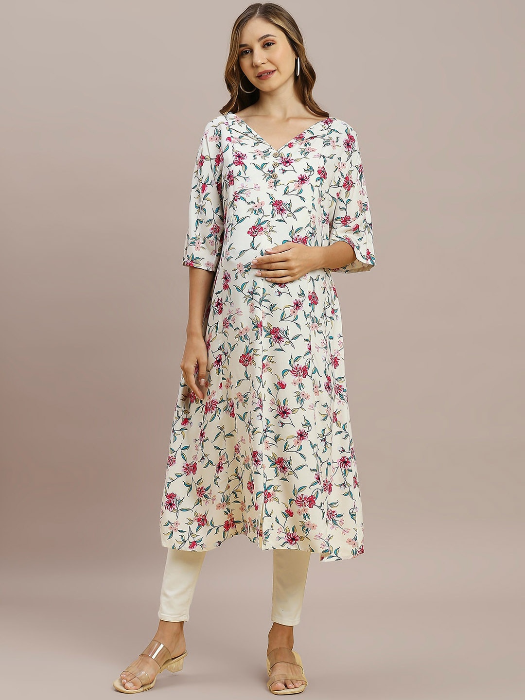 

MomToBe Floral Printed V-Neck Panelled Maternity Kurta, White