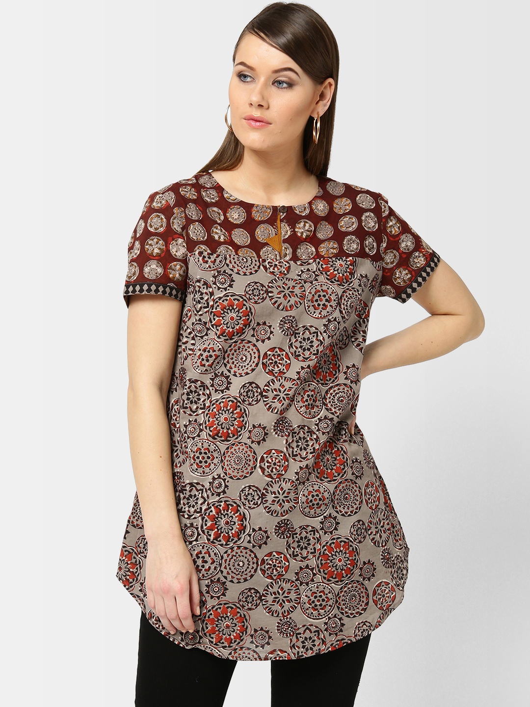 

Fabindia Taupe & Maroon Printed Tunic