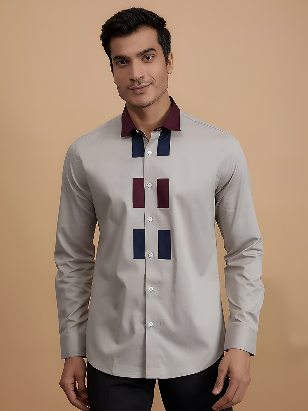 

HE SPOKE Modern Tailored Fit Colourblocked Apllique Twill Cotton Casual Shirt, Grey