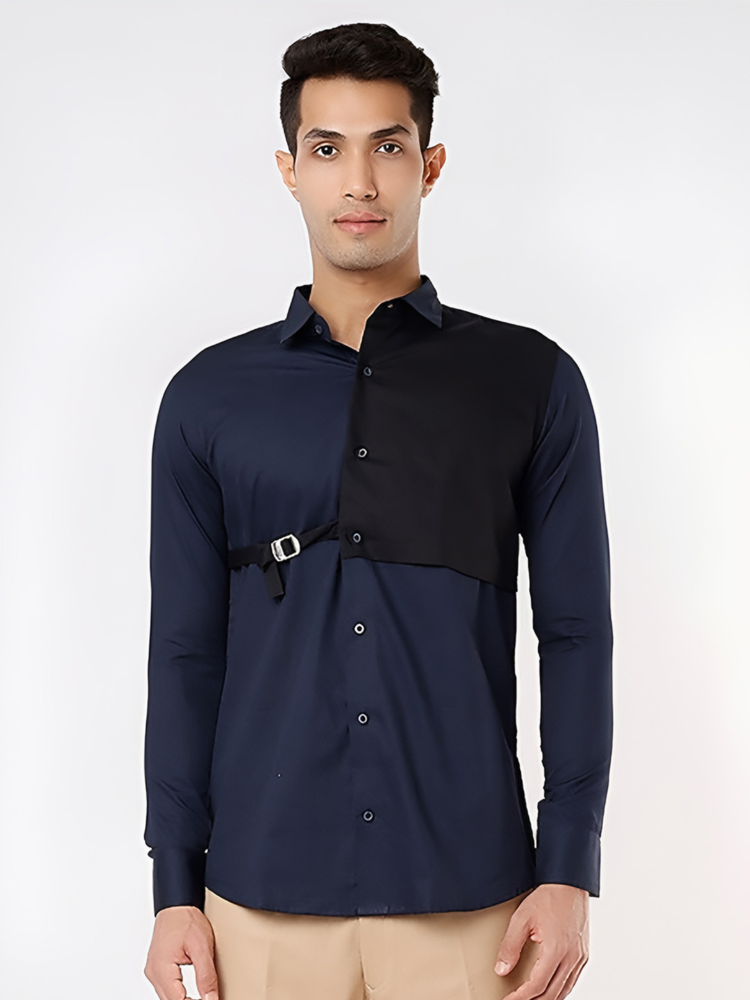 

HE SPOKE Modern Tailored Fit Colourblocked Cotton Casual Shirt, Navy blue