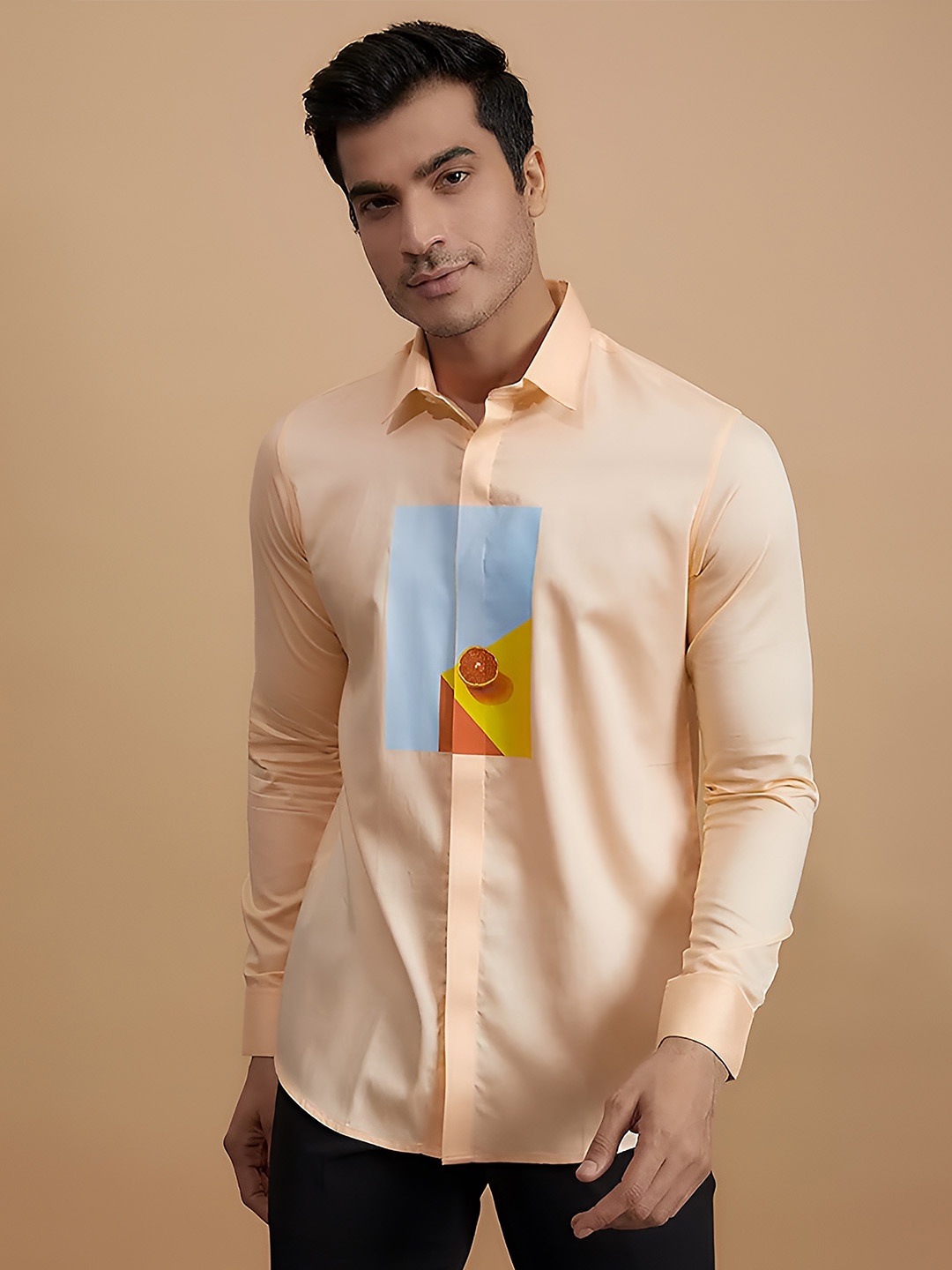 

HE SPOKE Modern Tailored Fit Graphic Printed Twill Cotton Casual Shirt, Orange