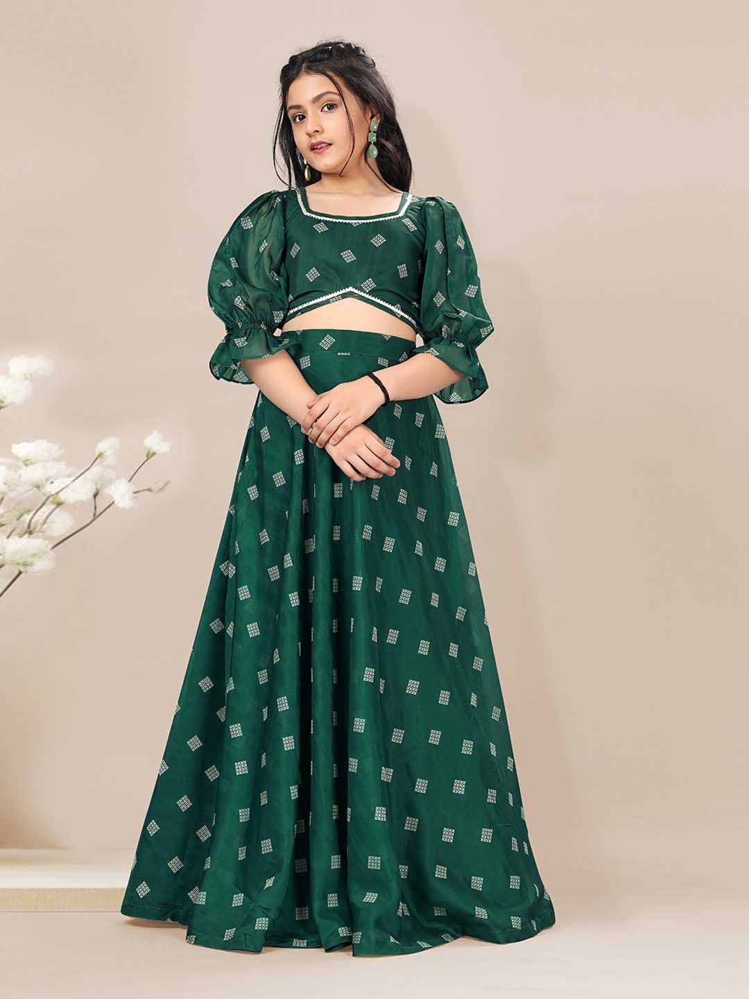 

FASHION DREAM Girls Green & White Printed Ready To Wear Lehenga Choli