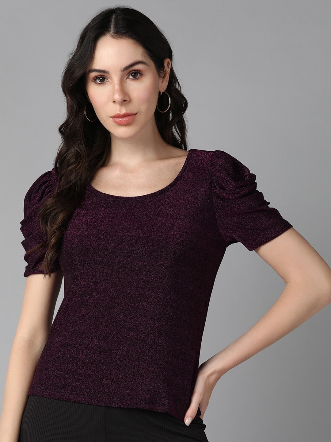 

Roadster Embellished Puff Sleeves Tops, Purple