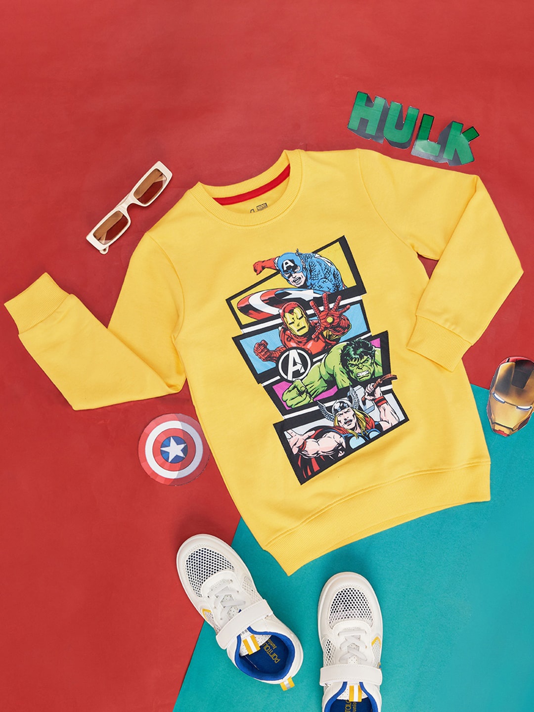 

Pantaloons Junior Boys Marvel Printed Cotton Pullover, Yellow