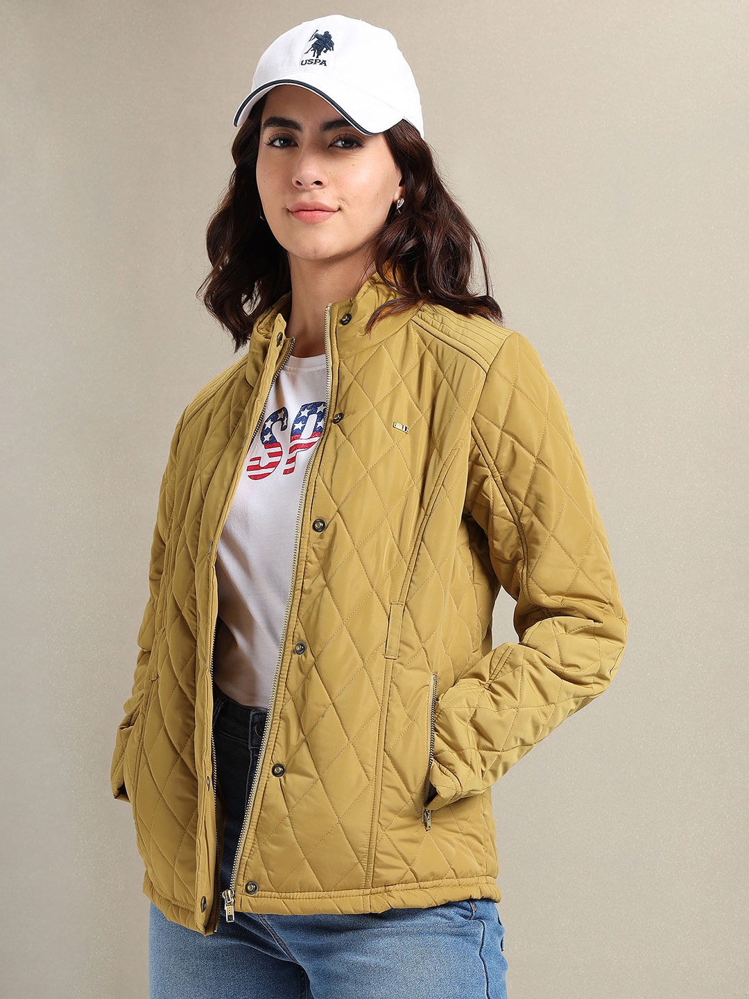 

U.S. Polo Assn. Women Mock Collar Quilted Jacket With Waist Belt, Mustard