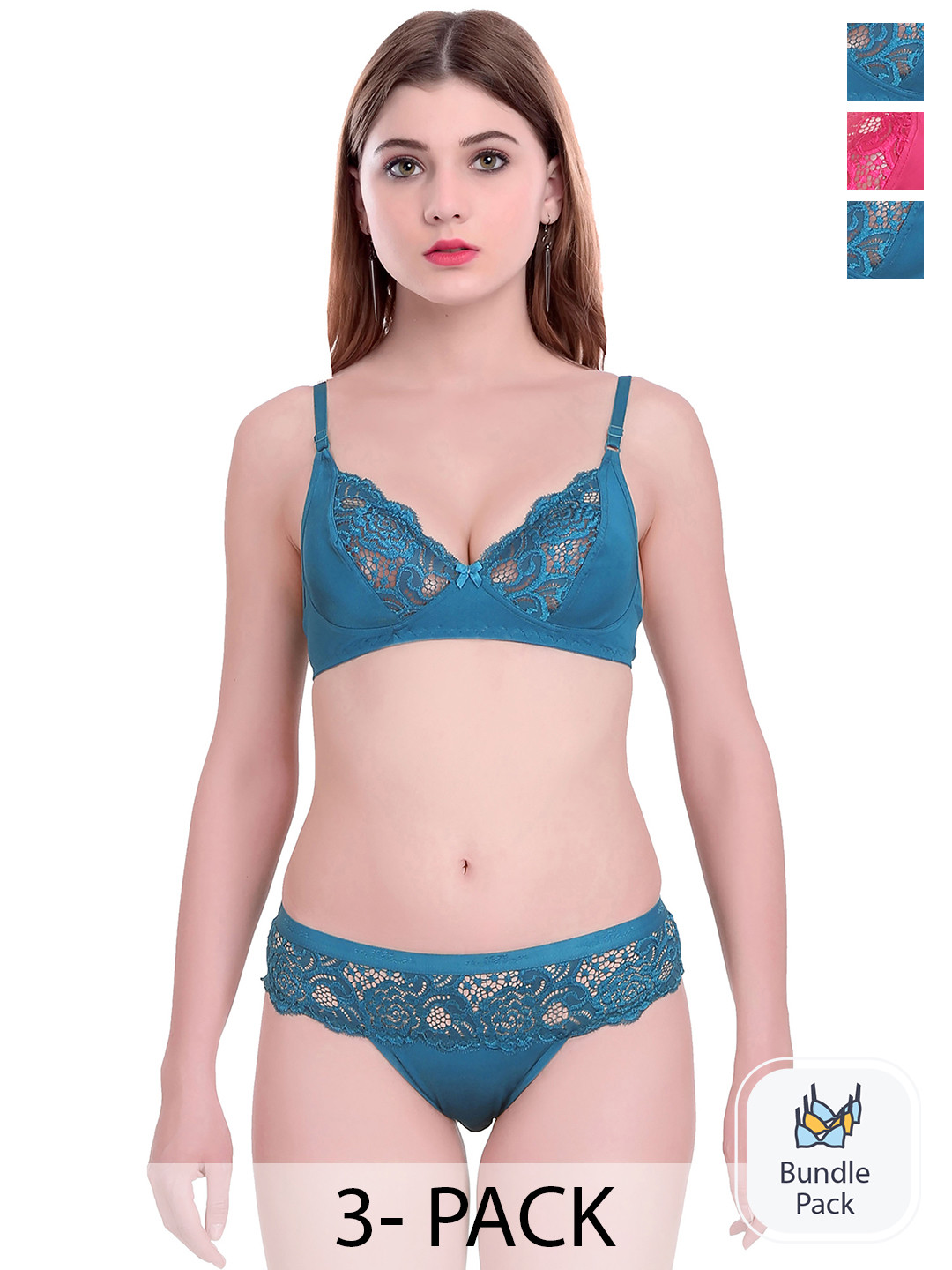 

AROUSY Pack Of 3 Non-Padded Lacy Lingerie Set S_Cate Set_Blue,pink,Blue_30