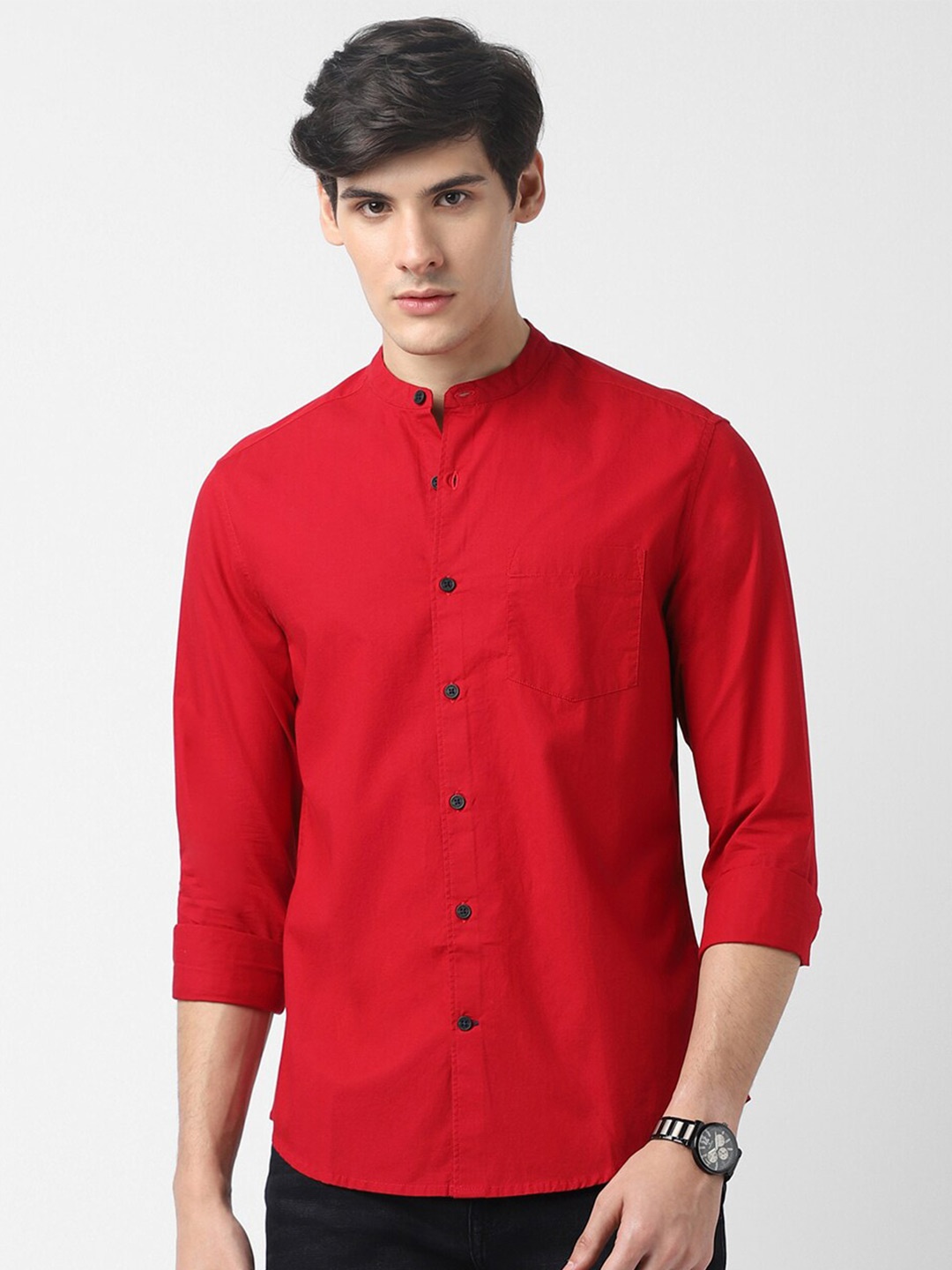 

VASTRADO Band Collar Cotton Casual Shirt, Red