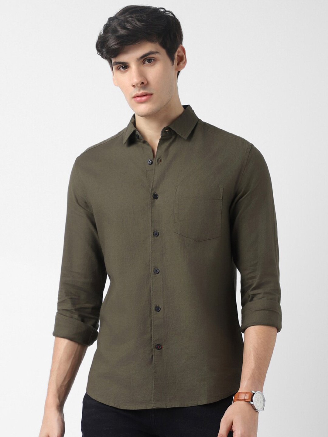 

VASTRADO Spread Collar Cotton Casual Shirt, Olive