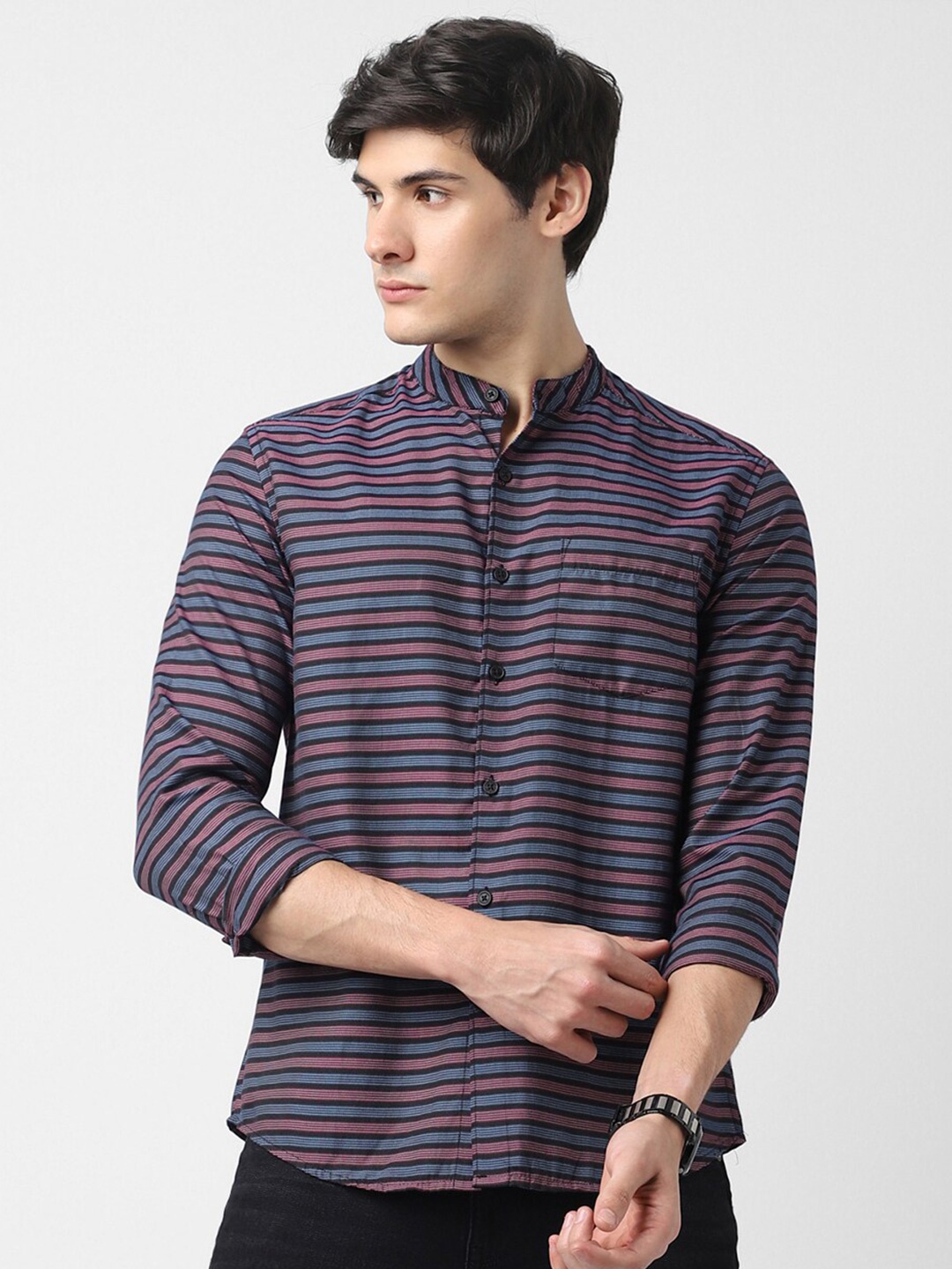 

VASTRADO Horizontal Stripes Mandarin Collar Casual Shirt, Blue