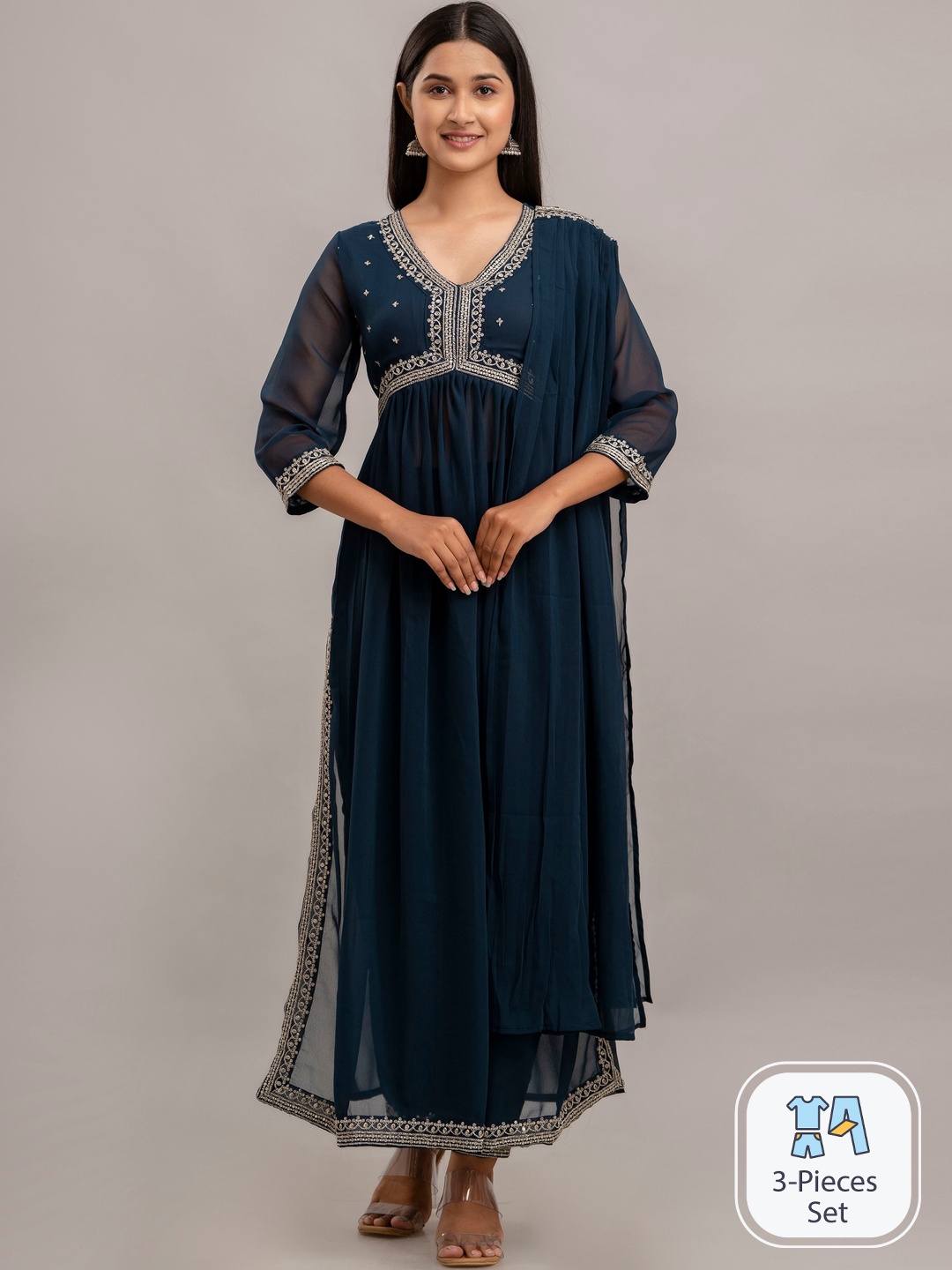 

Charu Embroidered Empire Kurta with Trousers & With Dupatta, Teal