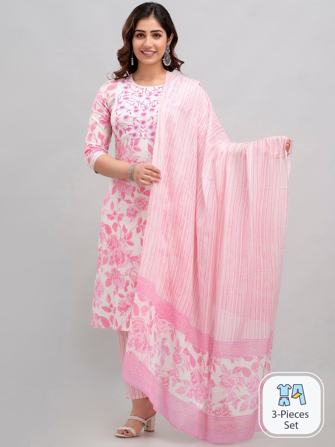 

Charu Floral Printed Regular Kurta with Trousers & With Dupatta, Pink