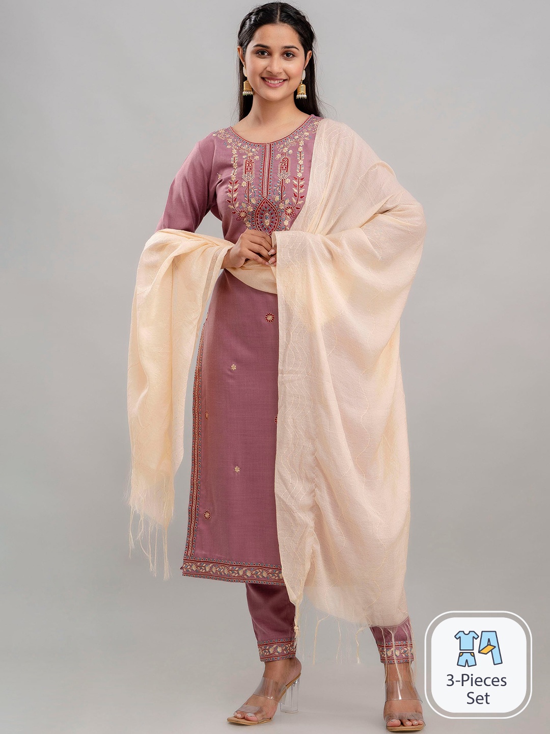 Charu Floral Embroidered Regular Kurta with Trousers & Dupatta, Lavender