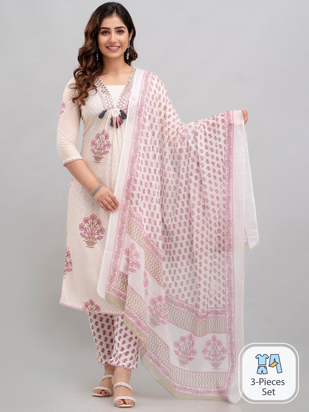 

Charu Floral Printed Mirror Work Regular Kurta with Trousers & With Dupatta, Beige