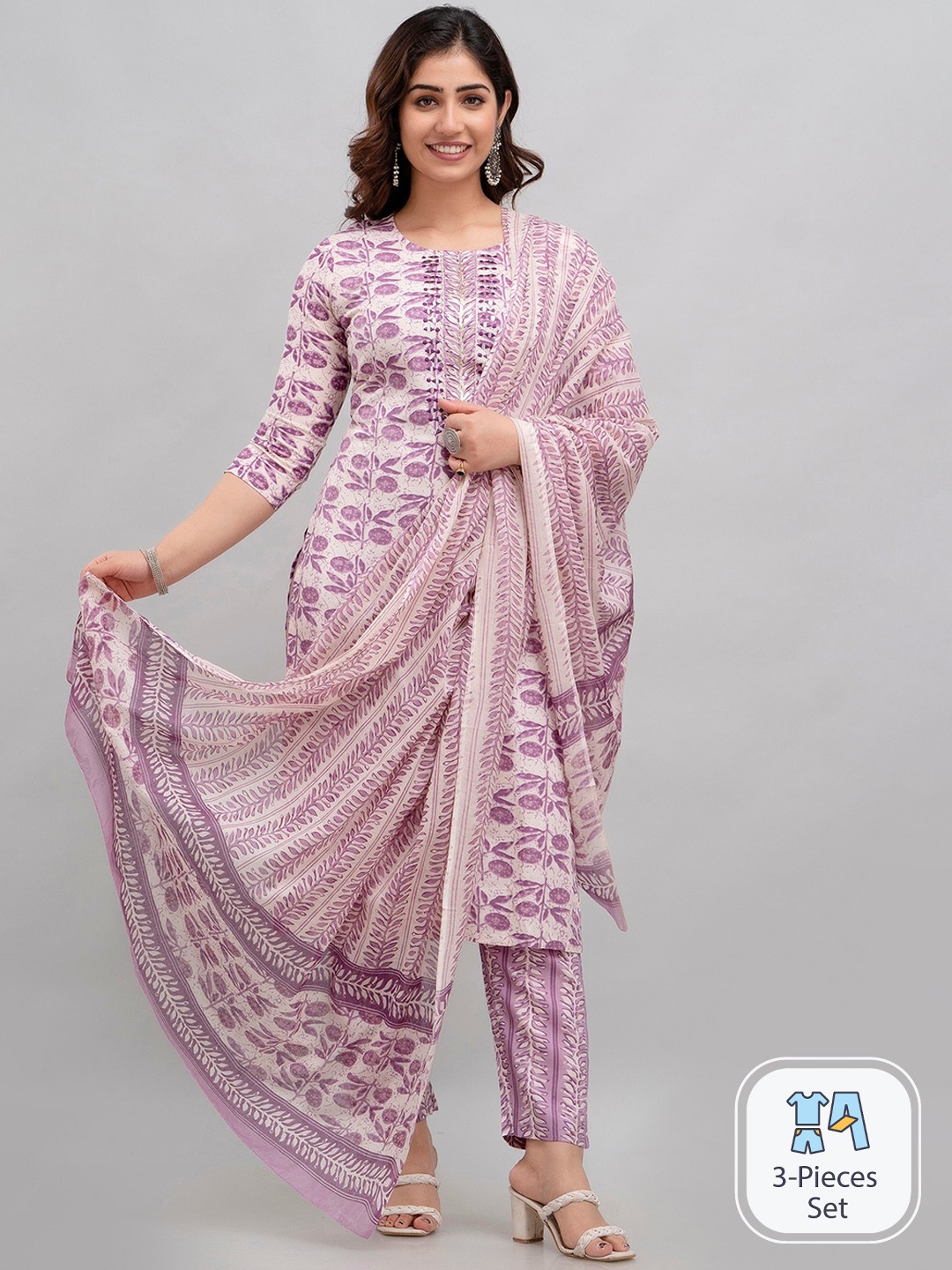 

Charu Floral Printed Thread Work Detail Straight Kurta & Trousers With Dupatta, Purple