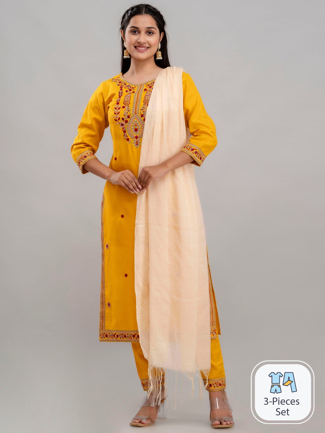 

Charu Floral Embroidered Regular Kurta with Trousers & With Dupatta, Mustard