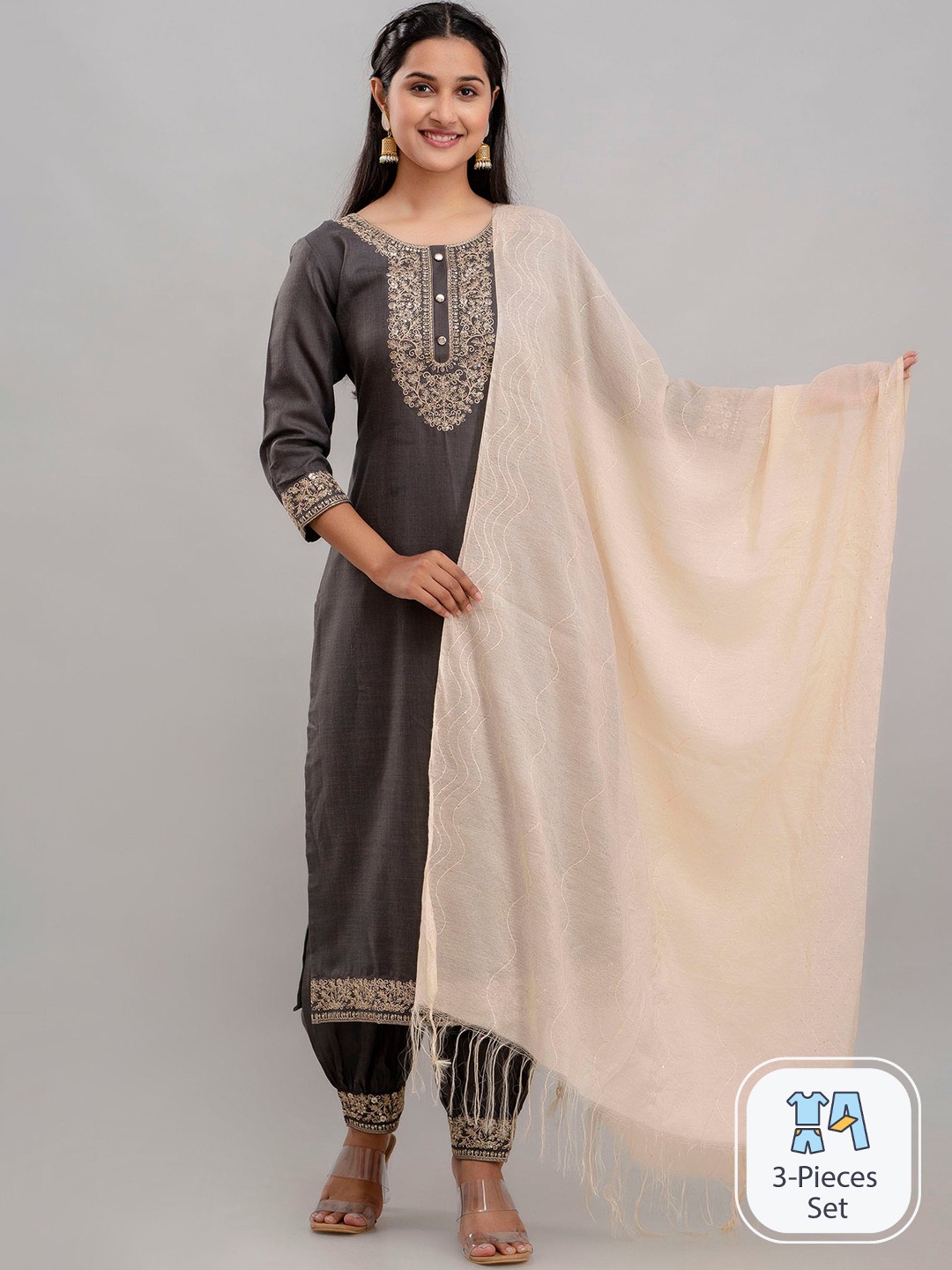 

Charu Embroidered Regular Kurta with Trousers & With Dupatta, Grey