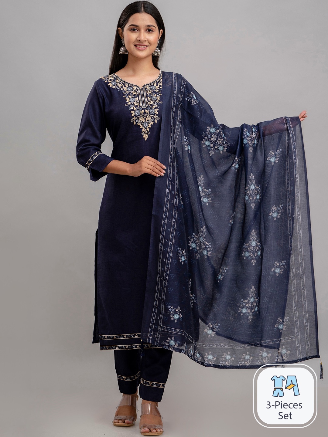 

Charu Embroidered Regular Kurta with Trousers & With Dupatta, Navy blue