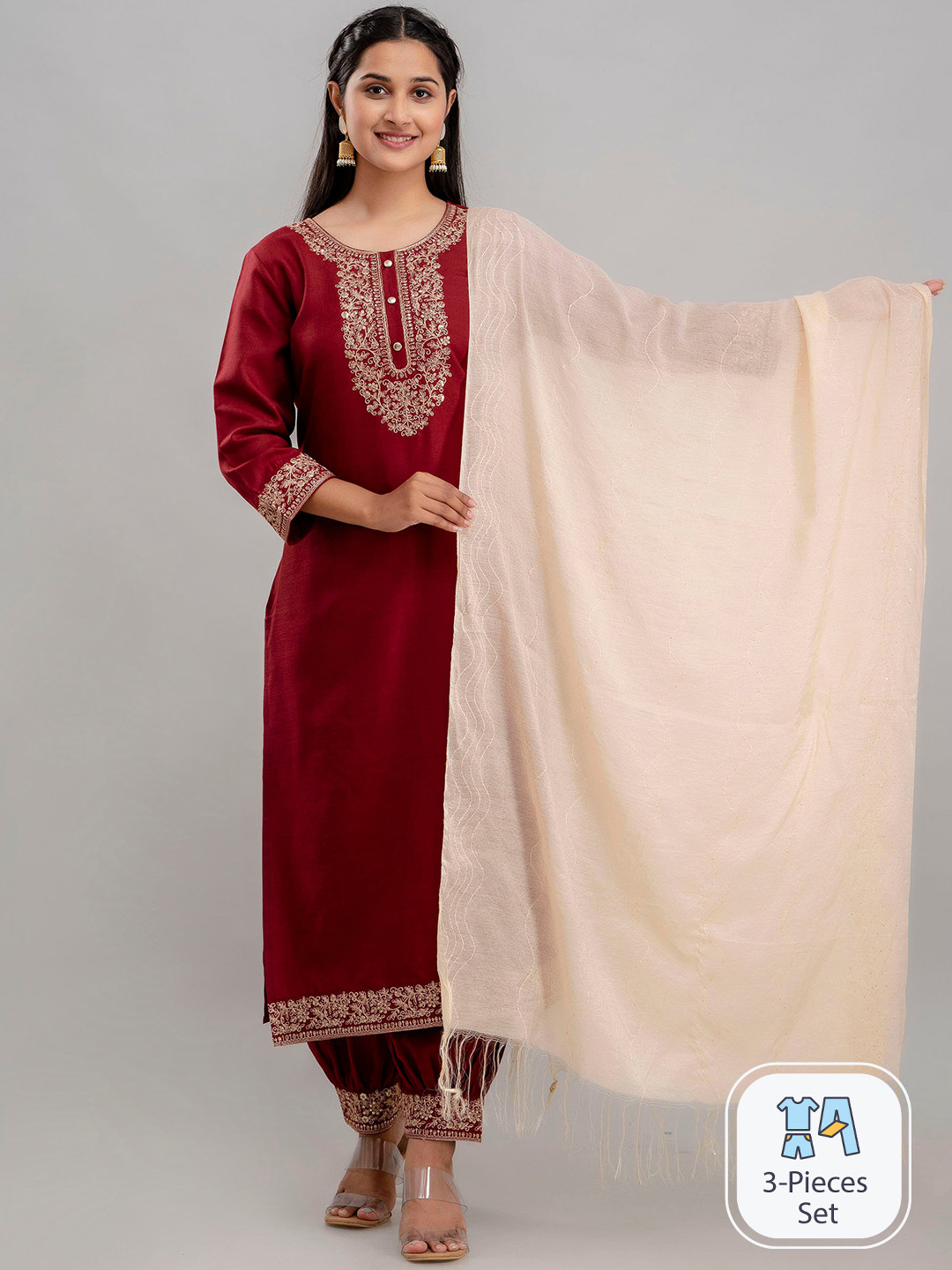 

Charu Embroidered Regular Kurta with Trousers & With Dupatta, Maroon