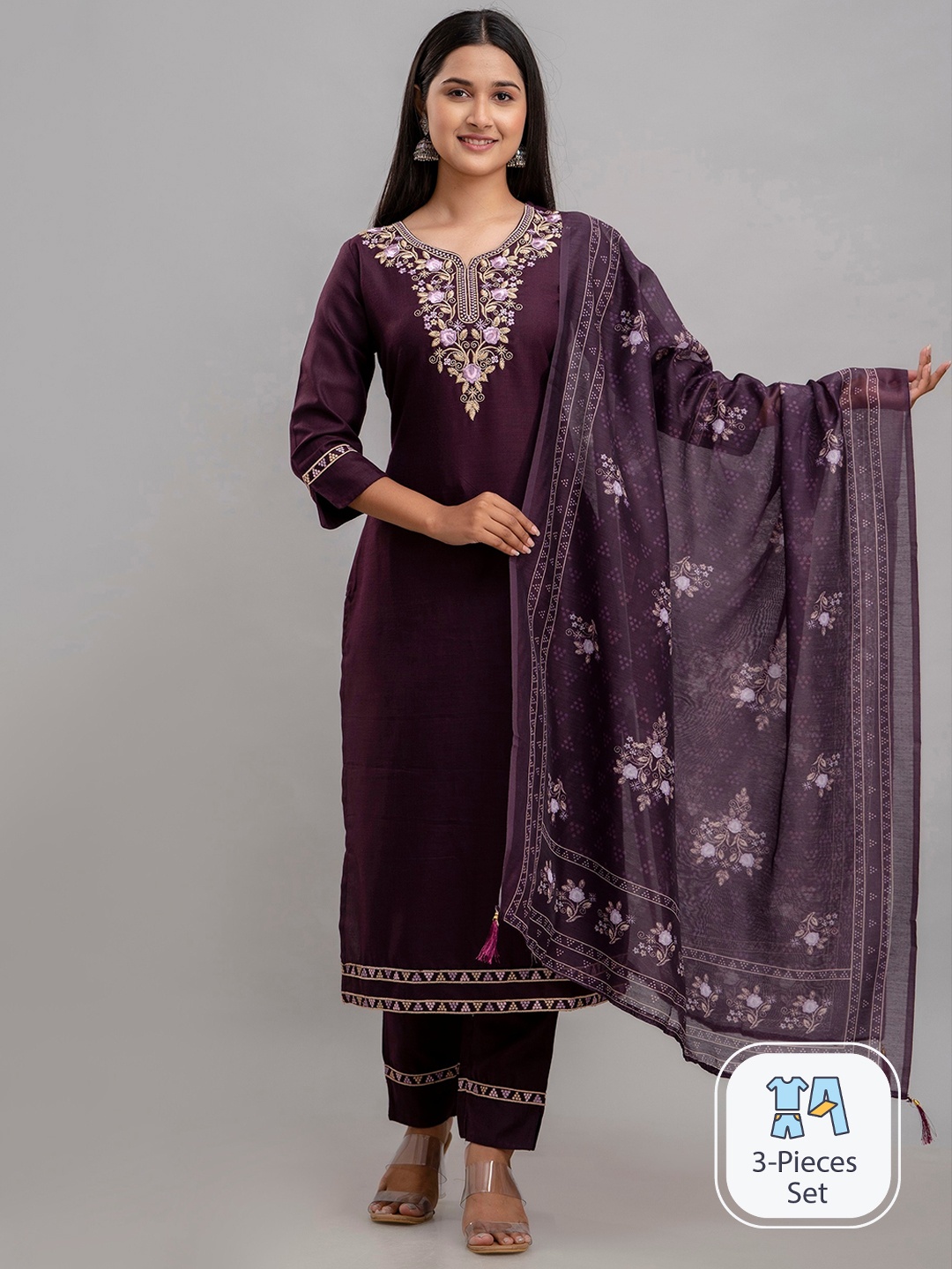 

Charu Floral Embroidered Regular Kurta with Trousers & Dupatta, Violet