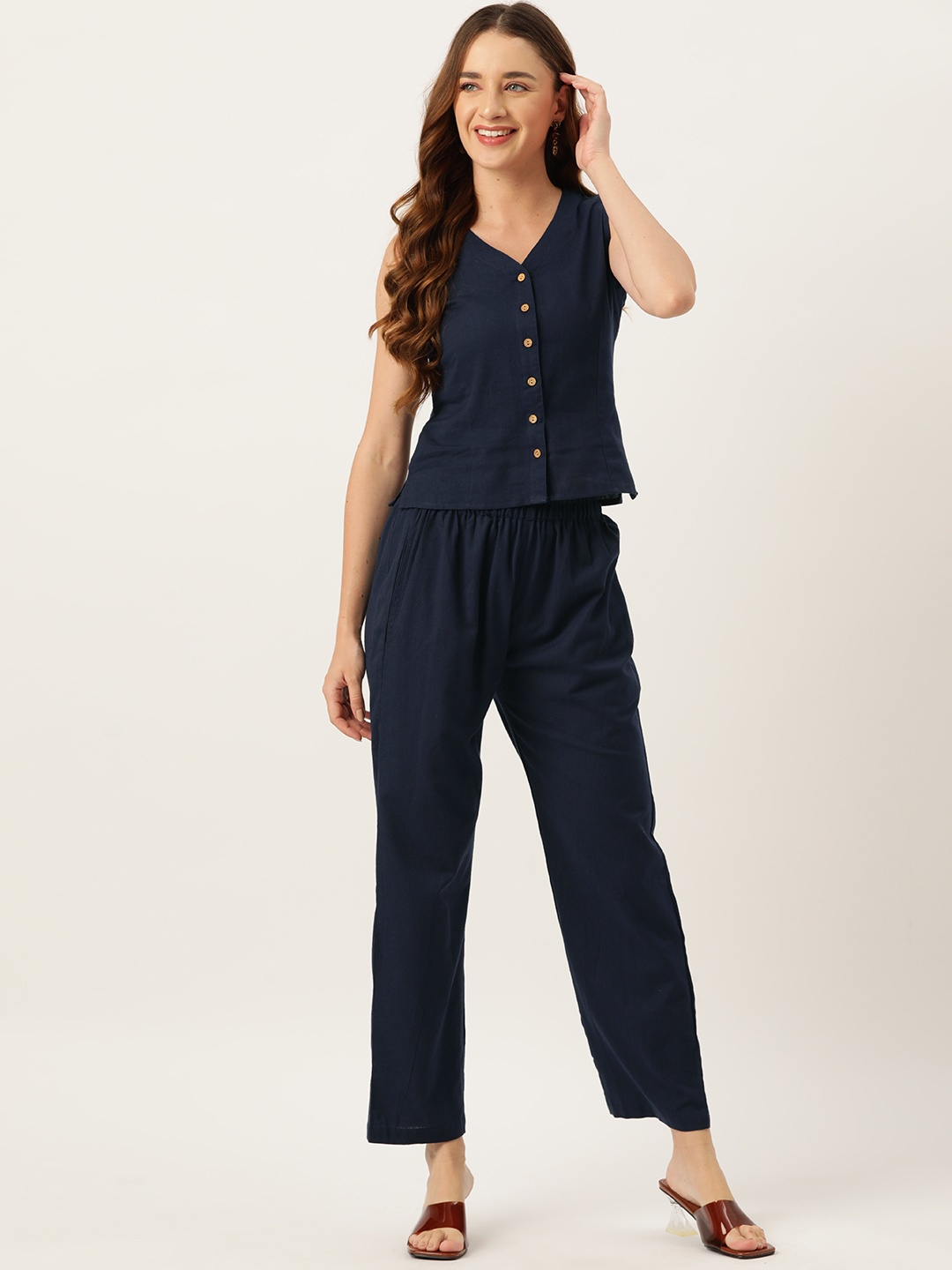 

Molcha Women Solid Top with Palazzos, Navy blue