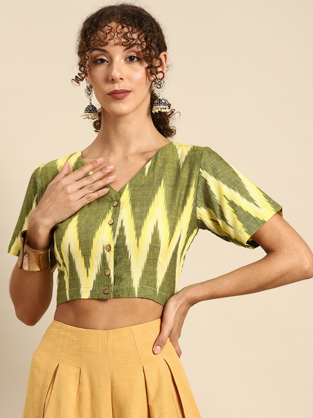 

Molcha Printed V-Neck Saree Blouse, Green