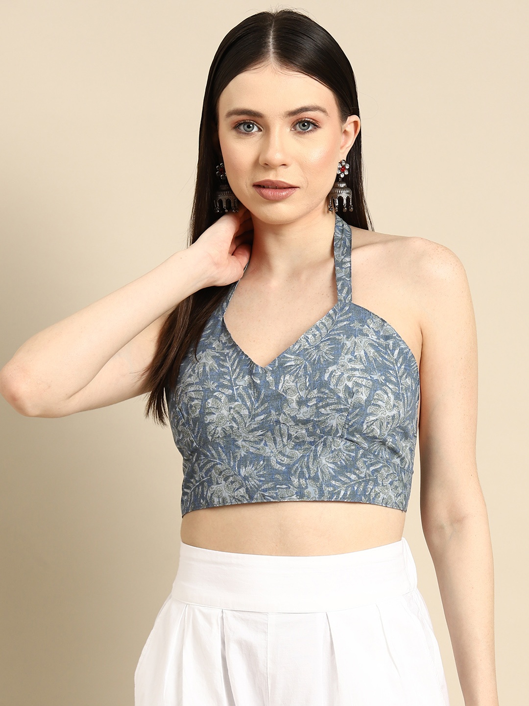 

Molcha Printed Halter Neck Padded Saree Blouse, Blue