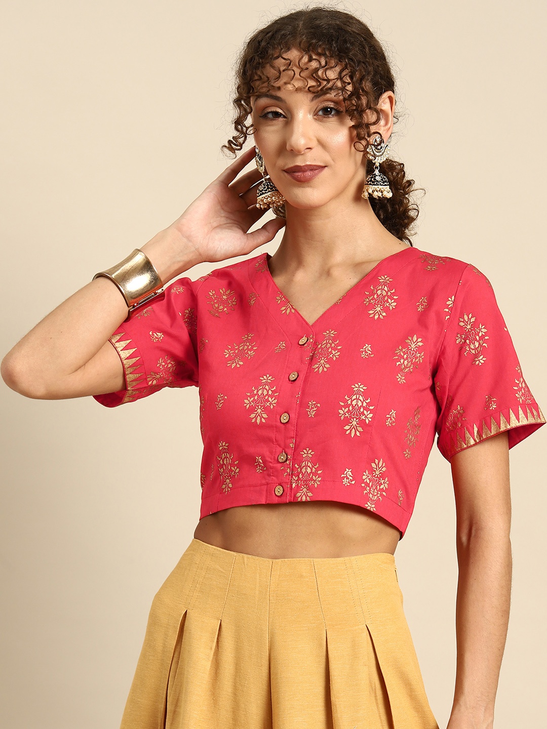 

Molcha Printed V-Neck Zari Saree Blouse, Red