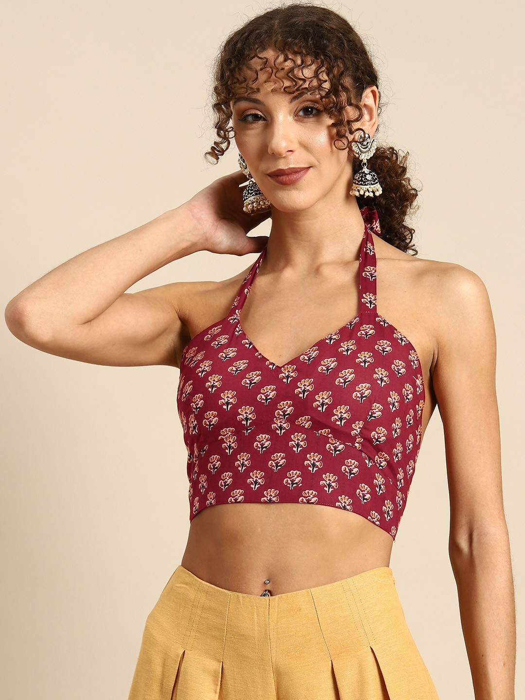

Molcha Printed Tie-Ups Padded Saree Blouse, Maroon