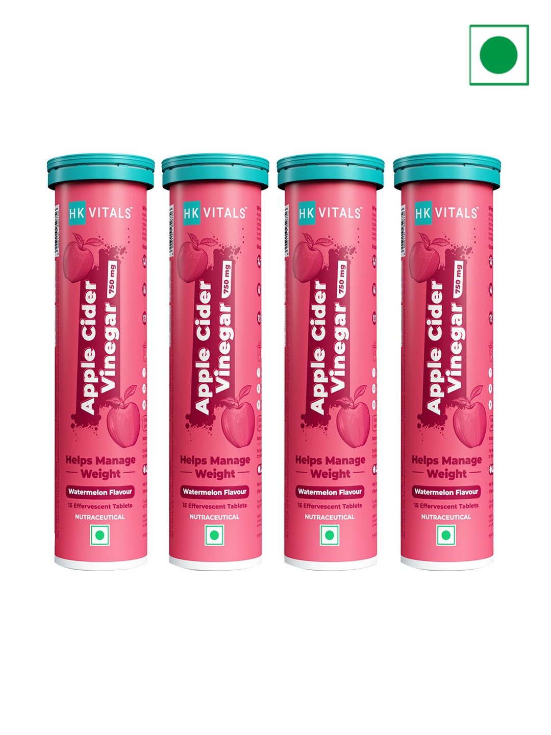 

HK VITALS 4pcs Watermelon Flavor Apple Cider Vinegar Effervescent Tablets-15 Tablets Each, Red