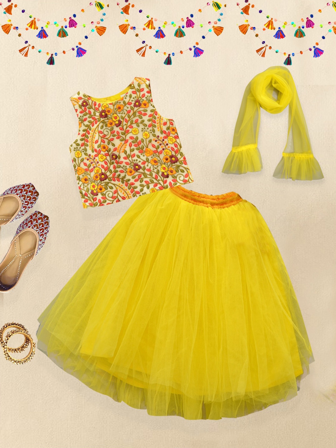 

A.T.U.N. Girls Embroidered Ready To Wear Lehenga & Blouse With Dupatta, Yellow