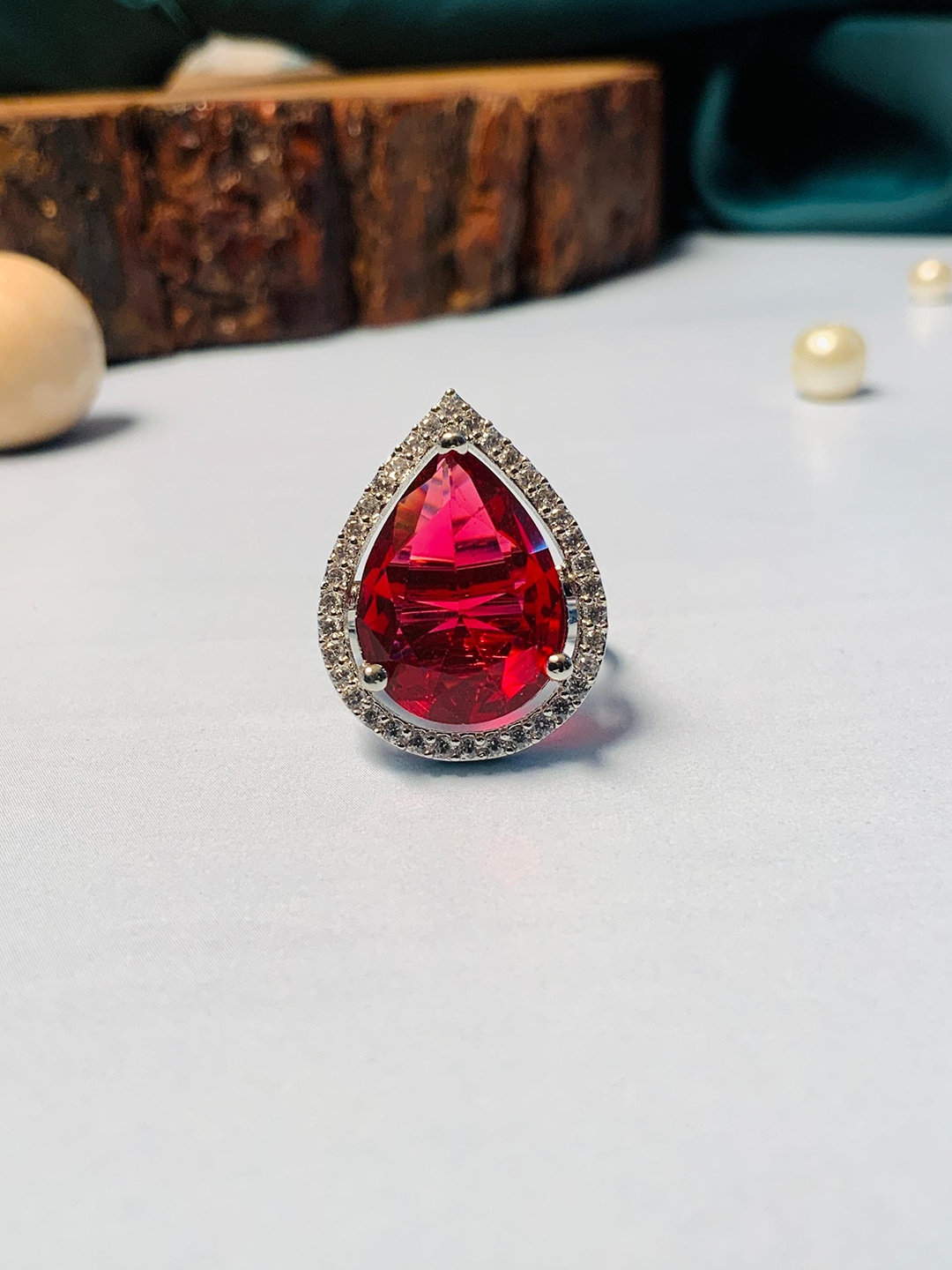 ABDESIGNS Silver-Plated Stone-Studded Drop-Shaped Finger Ring