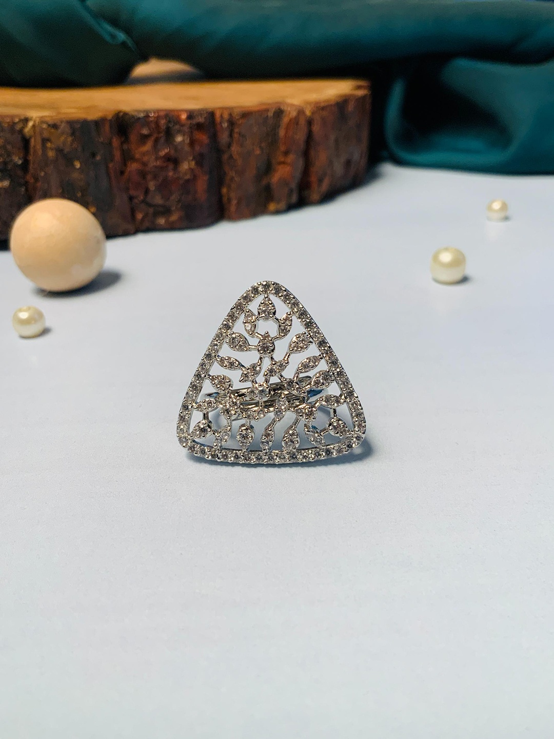 

ABDESIGNS Silver-Plated American Diamond Stone-Studded Adjustable Finger Ring