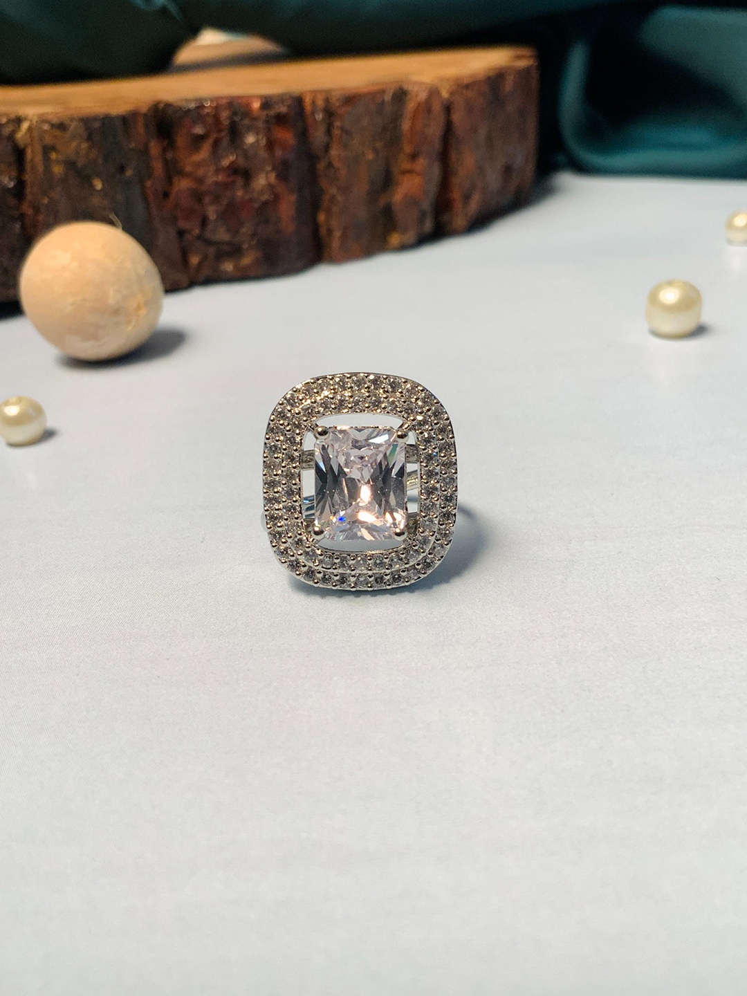 ABDESIGNS Sliver-Plated Stone-Studded Adjustable Finger Ring, Silver