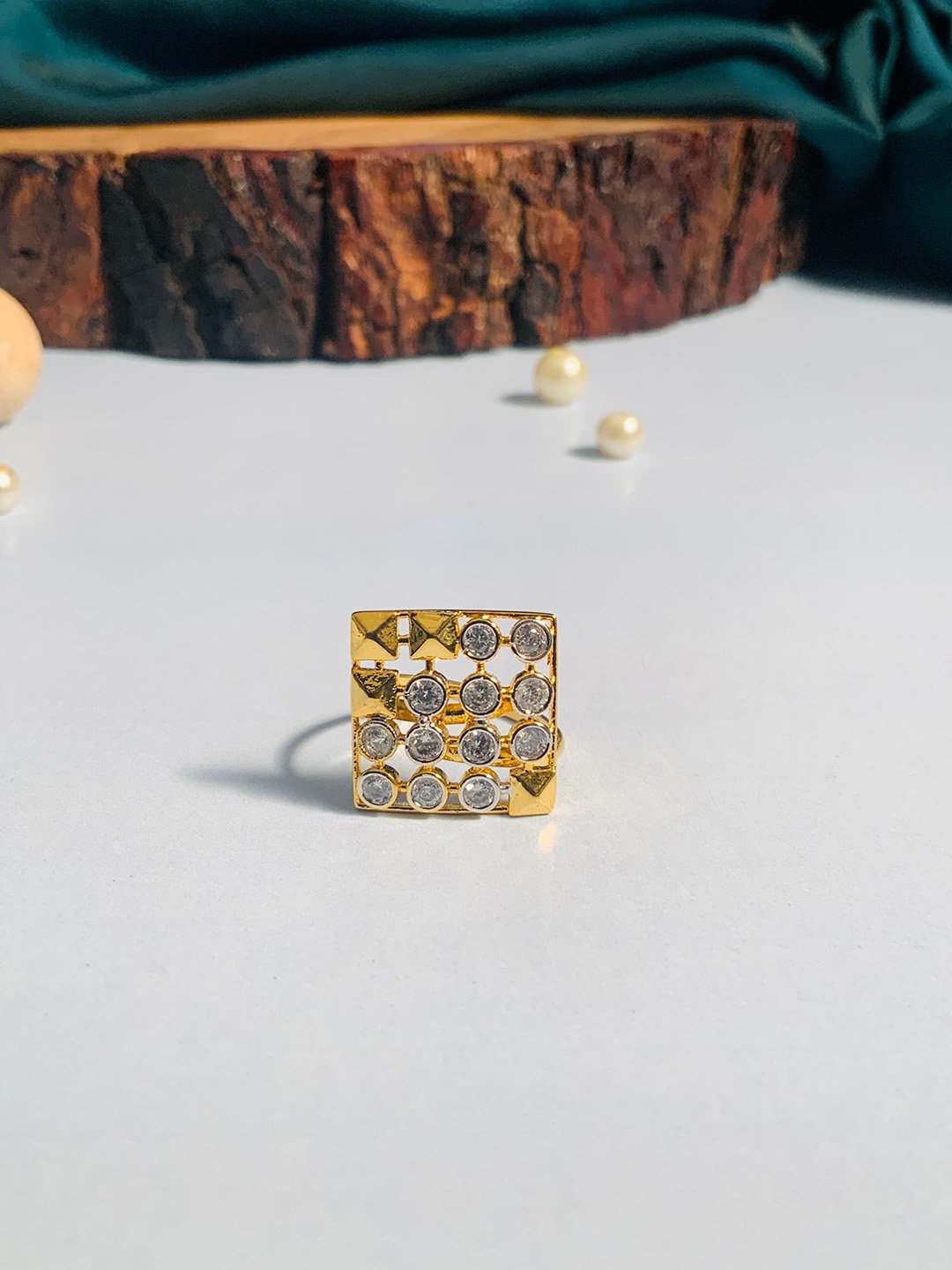 

ABDESIGNS Gold-Plated Artificial Stones and Beads-Studded Adjustable Finger Ring