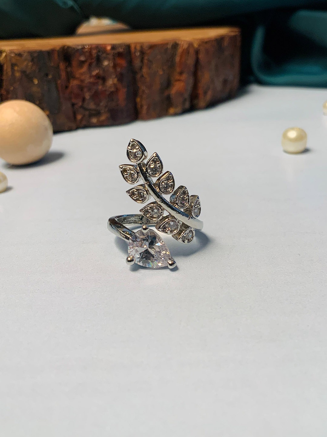 

ABDESIGNS Silver-Plated American Diamond-Studded Adjustable Finger Ring
